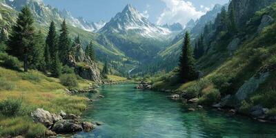 Majestic mountain landscape with a crystal-clear river and lush greenery under a bright blue sky photo