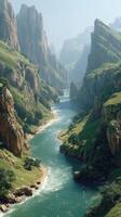 Majestic river flowing through rugged mountains in a tranquil valley during morning light photo