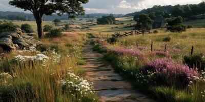 Nature trail lined with wildflowers leads to a quaint countryside cottage in the afternoon sun photo