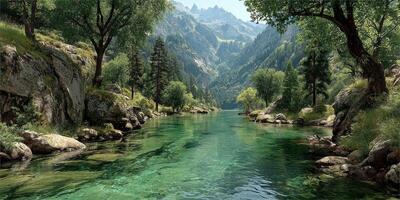 Serene river flows through lush valley surrounded by majestic mountains at midday photo