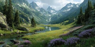 Majestic mountain landscape with flowing river and blooming wildflowers at midday photo