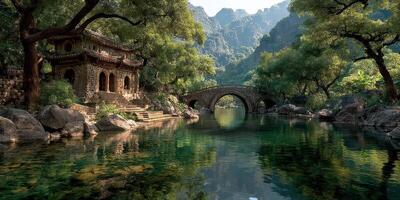 Tranquil river scene with ancient architecture and mountains during sunny day photo