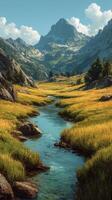 Stunning view of a serene valley with a flowing creek surrounded by vibrant golden grass and distant mountains under a blue sky photo