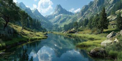 Breathtaking mountain landscape with a serene lake reflecting the sky and greenery under bright daylight photo