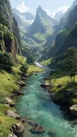 Breathtaking scenic view of a turquoise river flowing through a lush green valley surrounded by towering mountains photo