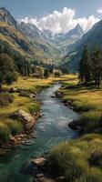 Majestic mountain landscape features a serene river flowing through lush valleys under a bright blue sky photo