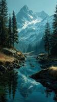 Mountain river reflects snow-capped peaks and evergreen trees in a tranquil landscape at dawn photo