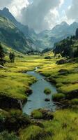 Majestic valley with flowing stream nestled between mountains during a bright day photo