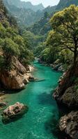 Crystal clear river flowing through lush green mountains in a serene landscape during daytime photo
