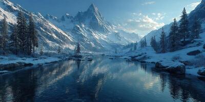 Majestic winter landscape featuring snow-covered mountains and a serene river at dawn photo