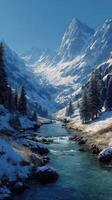 Snowy mountain landscape with river flowing through valley in a clear sky during winter day photo