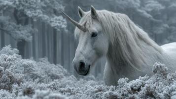 Majestic white unicorn standing gracefully in a frosty forest during early morning light photo