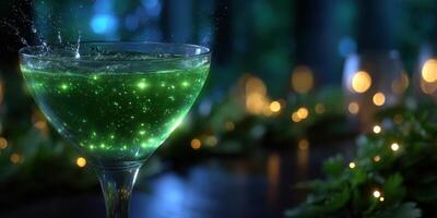 Sparkling green cocktail with shimmering lights at a nighttime gathering in a cozy outdoor setting photo