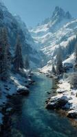 Snow-covered mountains reflect in a clear river surrounded by lush trees in a tranquil valley during winter photo