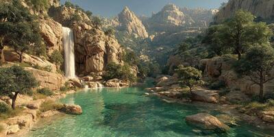 Serene waterfall cascading into crystal-clear pool surrounded by rugged mountains and lush greenery at midday photo