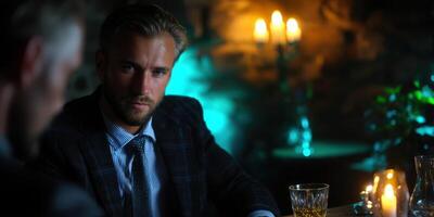 Evening conversation in a dimly lit lounge with whiskey and candlelight photo