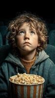 Excited child enjoying popcorn while watching a movie in a dark theater during evening photo