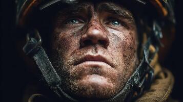 Intense expression of a soldier covered in dirt during a mission in a combat environment at dusk photo