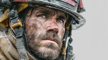 Firefighter with intense expression covered in ash during a rescue operation in an urban setting photo
