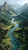 Lush green valley with winding river and mountains under clear skies during daytime photo