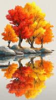 Colorful autumn trees reflecting on still water in a serene landscape during sunset photo