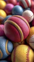 Colorful collection of various sports balls arranged in a vibrant display at a recreational center photo