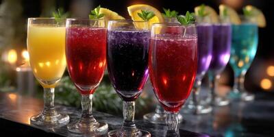 Vibrant selection of colorful cocktails served in elegant glasses at a festive gathering photo
