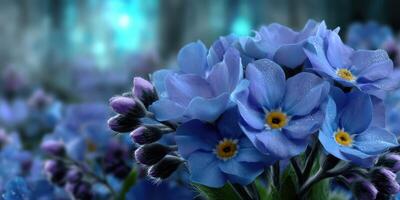 Beautiful blue forget-me-nots bloom in a serene garden setting during early morning light photo