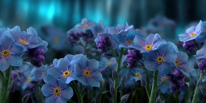Blue flowers with dew under soft lighting in a serene garden setting during early morning hours photo