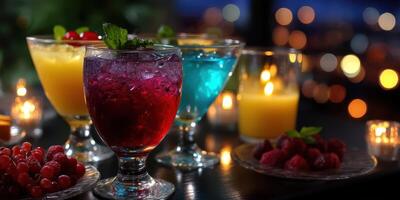 Colorful cocktails on a table with candles create a vibrant evening atmosphere at a rooftop bar during a summer night photo