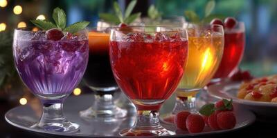 Colorful assortment of refreshing beverages served on a platter at a festive gathering during the evening photo