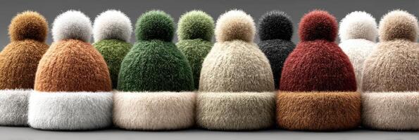 Colorful collection of cozy winter hats with fluffy pom poms displayed in a row photo