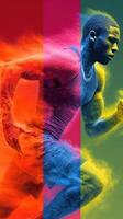 Dynamic athlete sprinting in vibrant colors during an intense training session outdoors photo