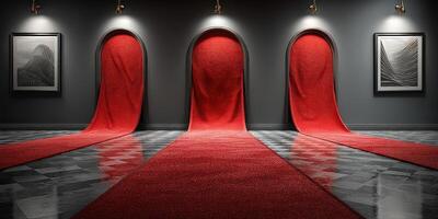 Creative red carpet display in a modern gallery with unique archways and artwork on the walls photo