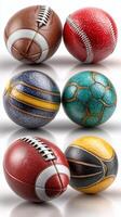Collection of diverse sport balls arranged on a reflective surface showcasing colors and textures photo