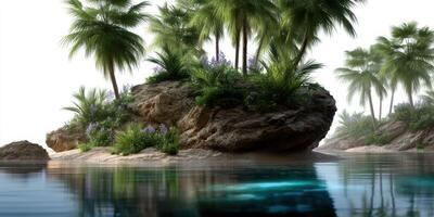 Serene tropical island with lush greenery and calm waters during early morning light photo