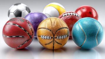 Collection of colorful sports balls arranged artistically on a reflective surface in a bright setting photo