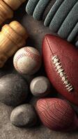Sports equipment assortment featuring various balls and training tools on a textured surface photo