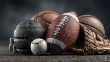Collection of various sports balls and equipment arranged on a textured surface in a dimly lit environment photo