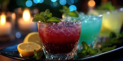 Refreshing cocktails with mint and lemon garnishes at an evening gathering photo