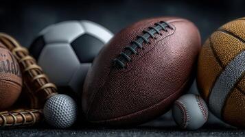Sports balls arranged in an artistic manner highlighting their unique textures and designs during a cozy indoor setting photo