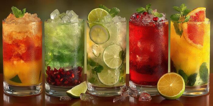 Colorful fruit drinks in tall glasses with ice and garnishes at a summer gathering in a warm setting photo