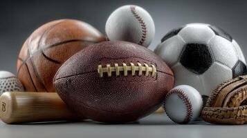 Various sports balls and equipment displayed together indoors in a well-lit setting photo