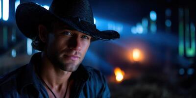 Cowboy posing in rustic barn with dramatic lighting and hay at dusk photo
