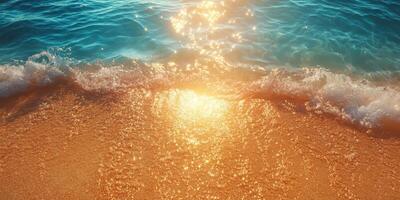 Ocean waves gently wash ashore during sunset, illuminating golden sand with sparkling light reflections photo
