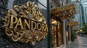 Stylish storefront with elegant golden signage reflecting luxury shopping experience in a vibrant city photo