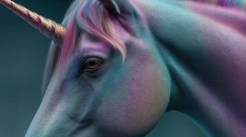 Beautiful unicorn with iridescent colors posing against a dark background in a magical setting photo