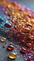 Brightly colored glitter and water droplets create a sparkling, vibrant texture on a dark surface during daylight photo