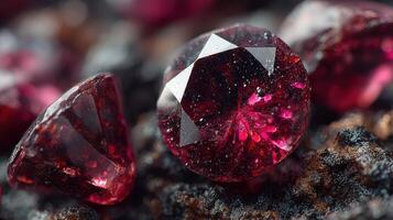 Red gemstones sparkle against a dark rocky surface in close-up view during natural light photo