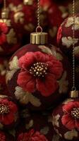 Beautifully crafted red and gold holiday ornaments featuring floral designs on display during the festive season photo